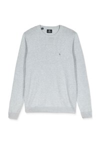 Pull gris clair à manches longues avec col rond, petit emblème logo sur la poitrine gauche et poignets et ourlet côtelés.