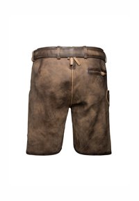 Braune Lederhosen mit strukturierter Oberfläche, ausgestattet mit einem Gürtel und seitlichen Taschen. Das Design beinhaltet eine vordere Nahtdetails und kontrastierende Akzente.