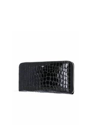 Portefeuille noir brillant à motif crocodile avec fermeture éclair tout autour et petit logo argenté sur le devant.