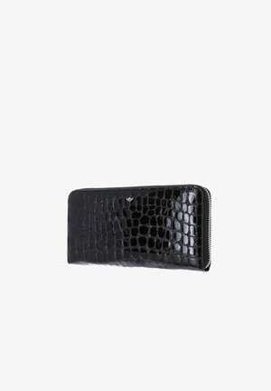 Portefeuille noir brillant à motif crocodile avec fermeture éclair tout autour et petit logo argenté sur le devant.