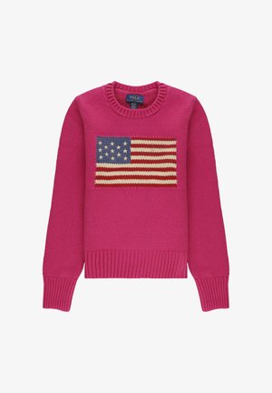 Maglione lavorato a maglia colore rosa acceso con un design testurizzato della bandiera americana in blu, rosso e crema. Scollo a girocollo e polsini a coste.