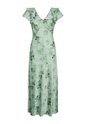 Lichtgroene bloemen wikkeljurk met gerimpelde korte mouwen en een V-hals in een vloeiende satijnen stof.
