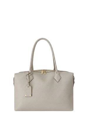 Borsa a mano in pelle beige con doppi manici superiori, cerniera dorata e targhetta in pelle con dettagli dorati.