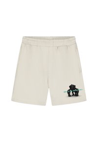 Crème-kleurige shorts met een elastische tailleband, met een zwarte beer graphic en turquoise tekst op de linker dij.