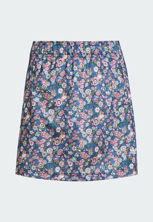 Fustă cu imprimeu floral, cu talie elastică. Prezintă flori roz, albe și blue pe un fundal închis. Material ușor, texturat.