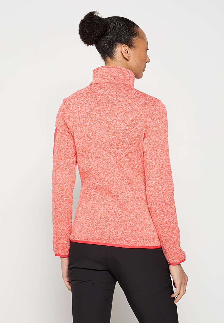 Rote melierte Fleecejacke mit hohem Kragen, langen Ärmeln und taillierter Silhouette. Mit kontrastierendem roten Saum und Abschlüssen.