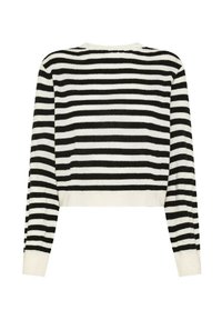 Maglione corto a righe con strisce orizzontali bianche e nere, polsini a coste e una texture morbida. Collo rotondo semplice, vista posteriore.