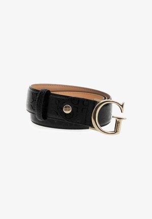 Schwarzer Ledergürtel mit geprägtem Muster, goldfarbener G-förmiger Schnalle und Nietenakzenten. Glattes Innenfutter mit sichtbaren Nahtdetails.