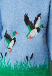 Pull en maille bleu clair avec un motif d’herbe verte et de massettes, avec deux canards colverts en vol, à tête verte et becs et pattes orange.