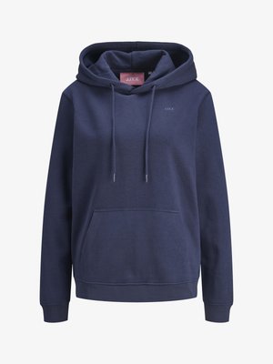Navy blauwe hoodie met een kangoeroezak, verstelbare koord, en een klein logo op de borst. Zachte, gladde stof met ribgebreide manchetten en zoom.