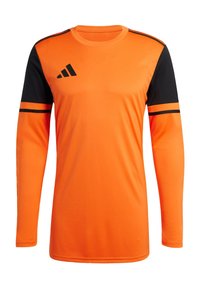 Orange Langarmshirt mit schwarzen Akzenten. Verfügt über schwarze Streifen an den Ärmeln und ein schwarzes Logo. Hergestellt aus glattem, leichtem Material.