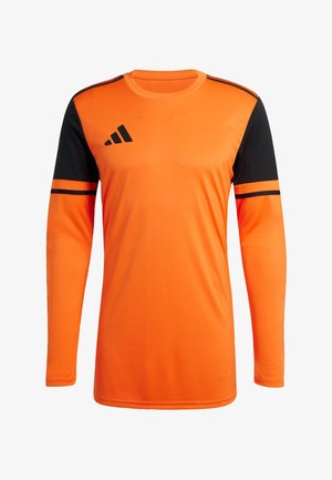 Orange Langarmshirt mit schwarzen Akzenten. Verfügt über schwarze Streifen an den Ärmeln und ein schwarzes Logo. Hergestellt aus glattem, leichtem Material.
