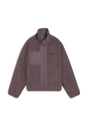 Fleecejacke in gedecktem Lila mit hohem Kragen, Reißverschluss und einer Fronttasche. Mit kontrastierenden glatten Stoffakzenten.