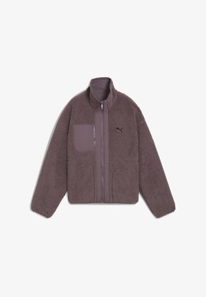 Veste en polaire de couleur violet doux avec un col haut, fermeture éclair et une poche avant. Présente des accents en tissu lisse contrastant.