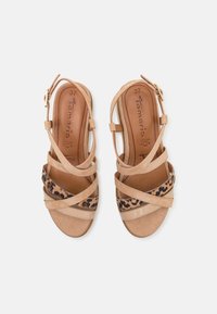 Sandales ouvertes beige pour femmes avec brides à la cheville et brides croisées imprimé léopard, taille 37, avec semelles intérieures en cuir.