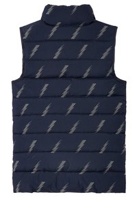 Sininen tyynyliivi, jossa on vaaleanharmaita salaman muotoisia kuvioita. Korkea kaulus ja tikattu muotoilu, jossa on vaakasuoria osioita.