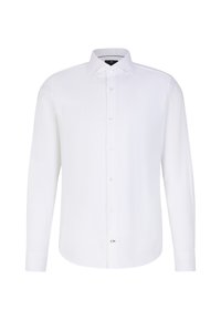 Camicia bianca a maniche lunghe con colletto button-down, patta frontale con bottoni e orlo curvo. Realizzata in un tessuto liscio e strutturato.