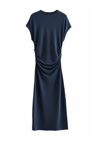 Robe bleu marine à manches courtes, avec un col rond et des détails froncés sur les côtés, faite d'un tissu lisse et extensible.