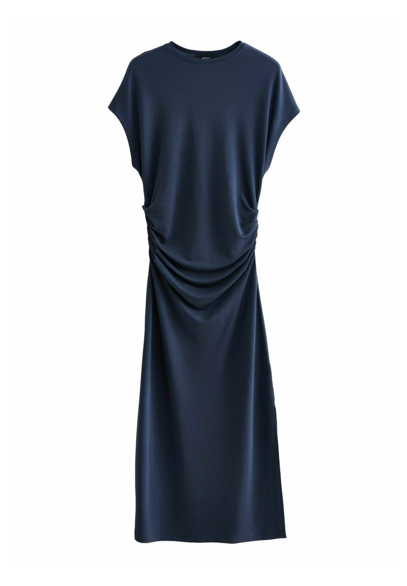 Robe bleu marine à manches courtes, avec un col rond et des détails froncés sur les côtés, faite d'un tissu lisse et extensible.