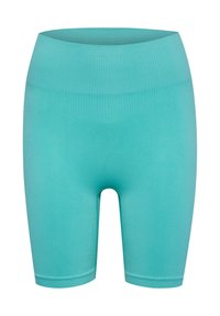 Turquoise sportshorts met een geribbelde textuur, een middelhoge tailleband en een aansluitende pasvorm, ontworpen voor comfort en flexibiliteit tijdens activiteiten.