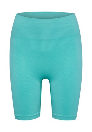 Turquoise athletic shorts with a ribbed texture, mid-rise waistband, and a fitted shape, designed for comfort and flexibility in activities.