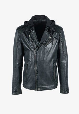 Schwarze Leder-Motorradjacke mit einem Reißverschluss vorne, zwei seitlichen Taschen und einer abnehmbaren schwarzen Kapuzenjacke. Mit strukturierten Schulterakzenten.