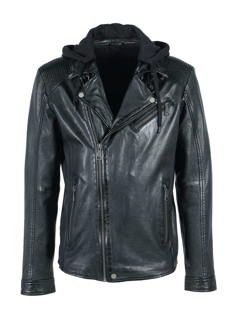 Svart skinnmotorcykeljacka med dragkedja framtill, två sidofickor och en avtagbar svart huva. Har texturerade axelinslag.