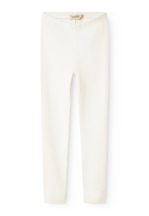 Hvite ribbestrikkede leggings med myk tekstur og elastisk livlinje, med en tettsittende passform og avsluttede kanter ved anklene.