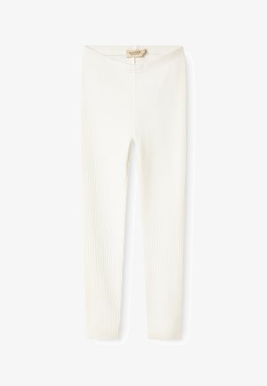 Vita ribbade leggings med en mjuk textur och elastisk midja, som ger en tajt passform och avslutat fåll vid anklarna.