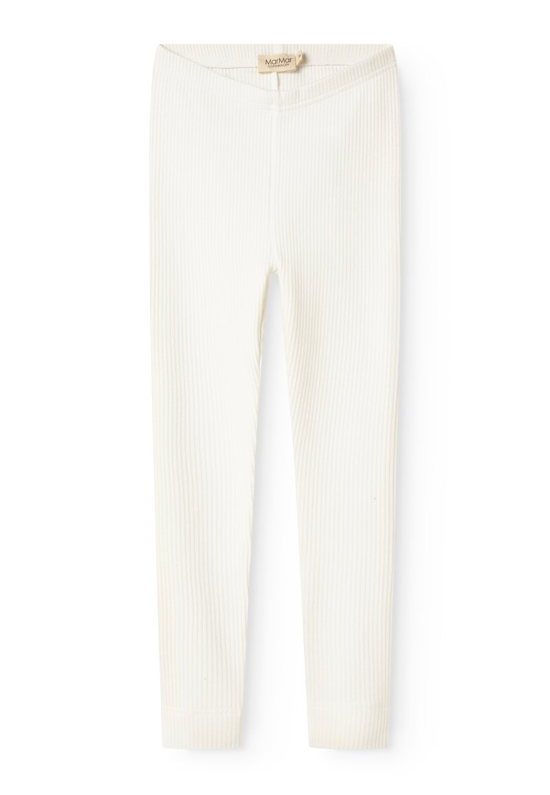Fehér bordázott leggings puha textúrával és rugalmas derékkal, amelyek szoros illeszkedést és elkészült hembe záródást biztosítanak a bokákon.