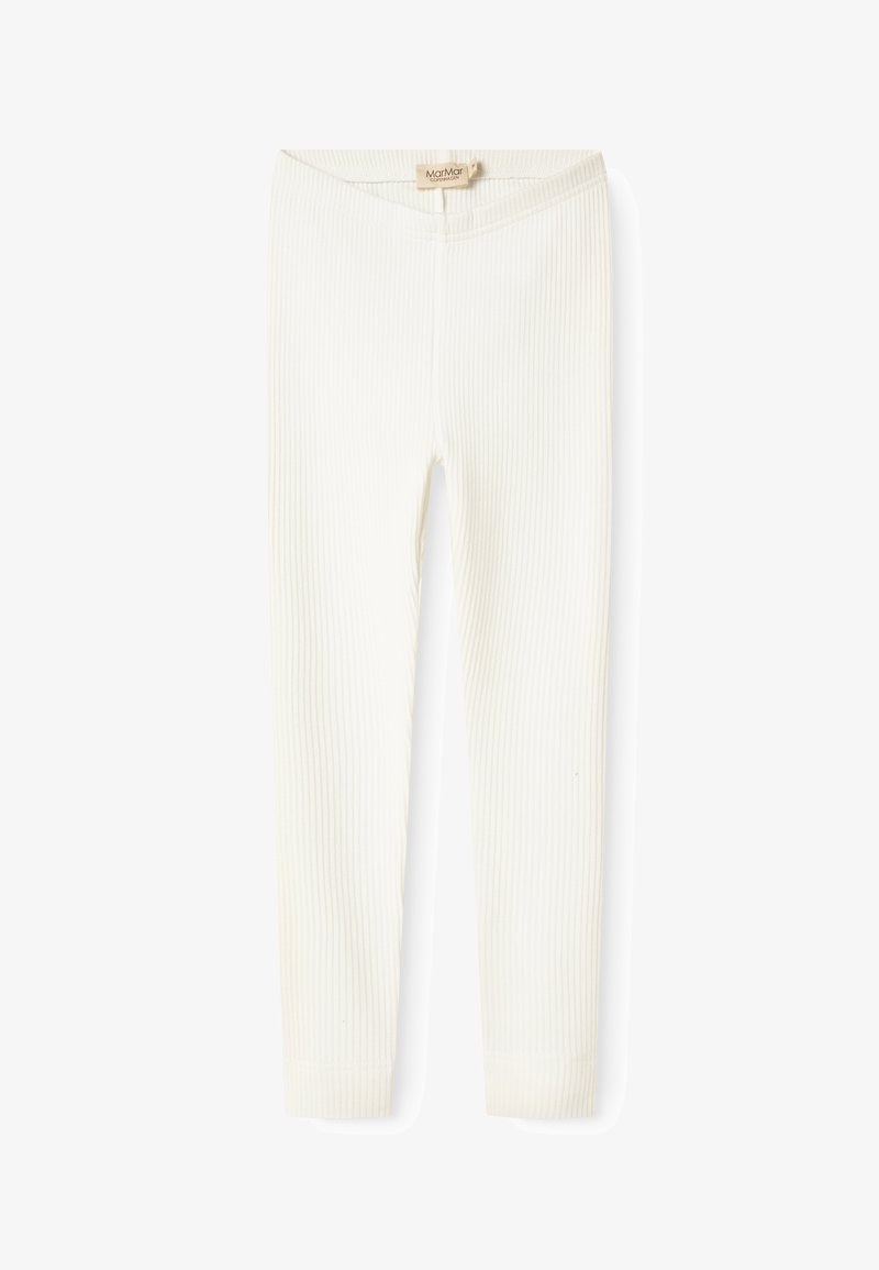 Leggings brancas caneladas com uma textura suave e cintura elástica, apresentando um ajuste justo e bainha acabada nos tornozelos.