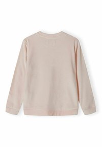Ljusrosa sweatshirt, mjukt tyg, rundad halsringning, långa ärmar, ribbad mudd och nederkant, enkel design utan dekorationer.