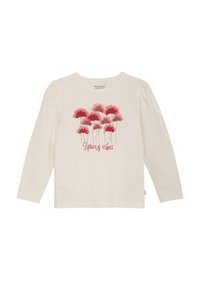 Witte langemouwen blouse met een bloemenprint in tinten roze. Tekst luidt "Lente vibes." Zachte stof met licht poffende mouwen.