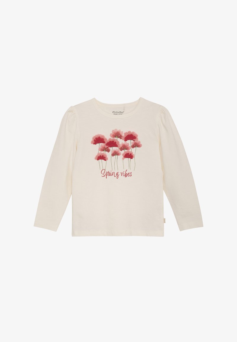 Valge pika varrukaga pluus, millel on roosa lilleline print. Tekst ütleb "Kevadised vibratsioonid". Pehme kangas väikeste puhvadega varrukates.