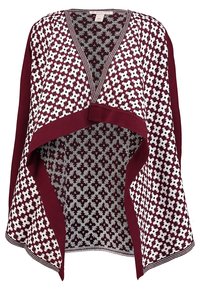 Burgundy och vitmönstrad poncho med V-ringning, öppen front och kontrasterande kant. Tyget har geometriska mönster och texturerade vävningar.