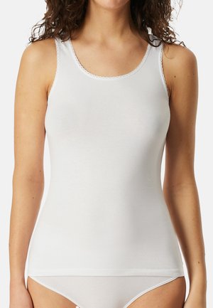 Witte tanktop van zachte stof, met een ronde halslijn, smalle bandjes en fijne kanten afwerking langs de randen.