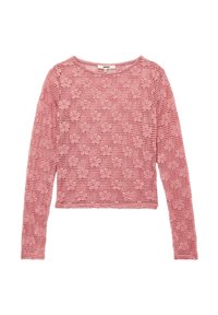 Langärmliger, rosa Strickpullover mit floralem Lochmuster und Rundhalsausschnitt. Kurz geschnitten und mit strukturierter Oberfläche.