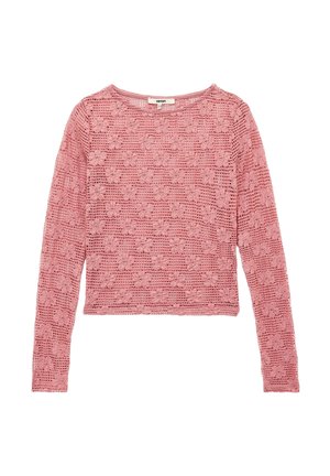 Pull en maille rose à manches longues avec un motif ajouré floral et un col rond. Longueur crop et finition texturée.