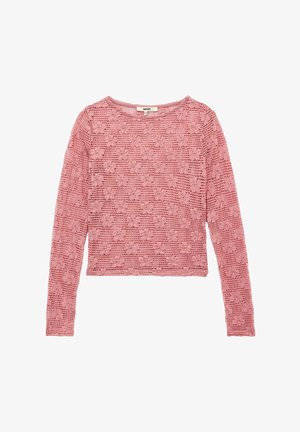 Jersey de punto rosa de manga larga con un patrón de calado floral y un cuello redondo. Largo recortado y acabado texturizado.