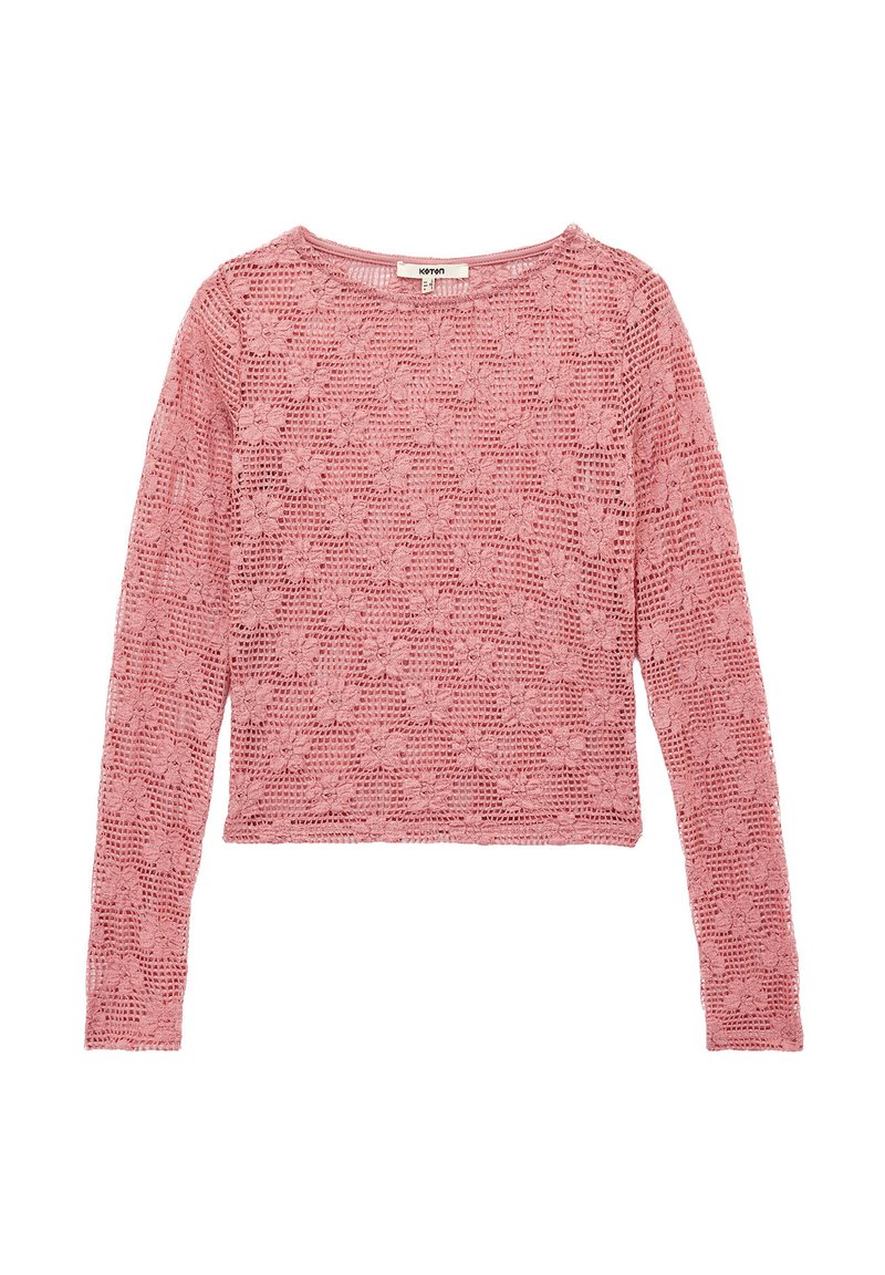 Langärmliger, rosa Strickpullover mit floralem Lochmuster und Rundhalsausschnitt. Kurz geschnitten und mit strukturierter Oberfläche.