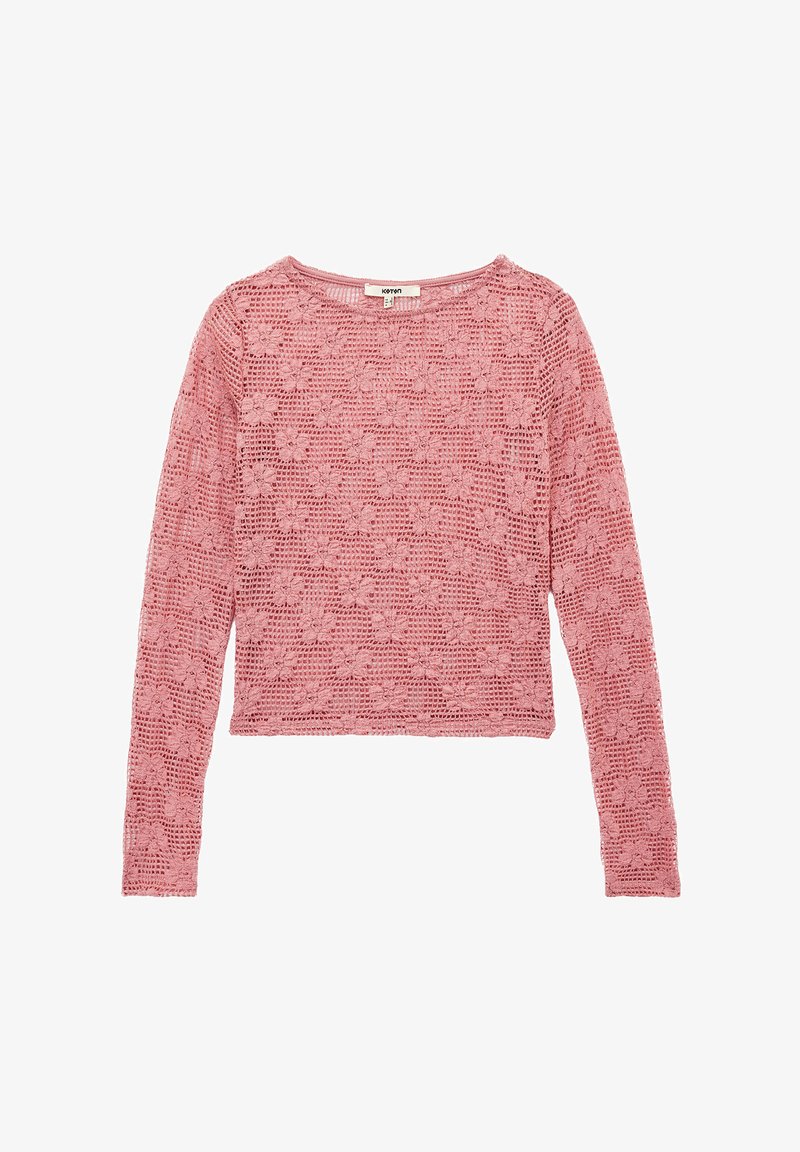 Langärmliger, rosa Strickpullover mit floralem Lochmuster und Rundhalsausschnitt. Kurz geschnitten und mit strukturierter Oberfläche.