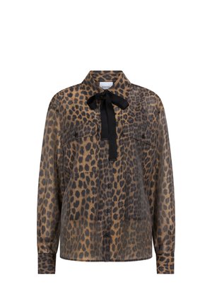 Blouse met luipaardprint met zwarte strik bij de hals, twee voorzakken, knoopsluiting, lichtgewicht stof, lange mouwen en een losse pasvorm.