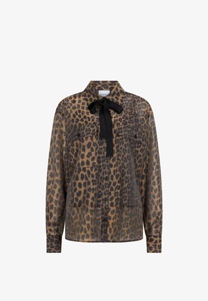 Blouse met luipaardprint met zwarte strik bij de hals, twee voorzakken, knoopsluiting, lichtgewicht stof, lange mouwen en een losse pasvorm.