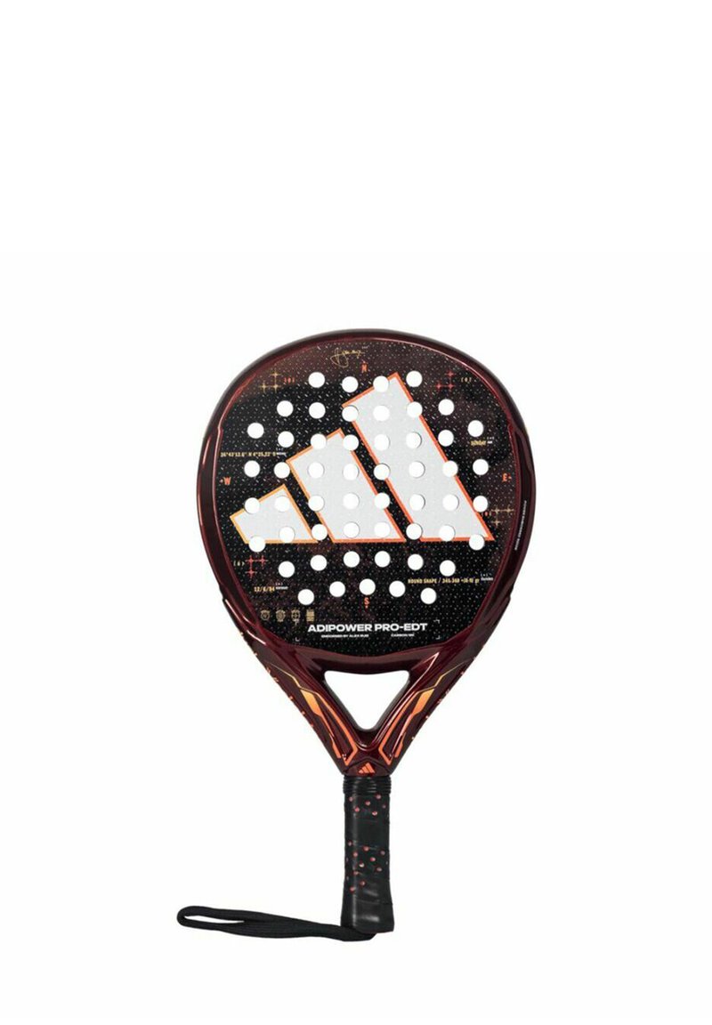 Adipower Pro-EDT paddle with a black and maroon design, featuring white perforations, a textured grip, and a distinctive logo pattern.