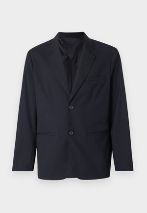 Námornícky modrý blazer z hladkej tkaniny s jednoradovým zapínaním, dvoma gombíkmi, klopovými goliermi a náprsní kapsou.