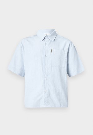 Short-sleeve, light blue button-up shirt with a textured, striped pattern and a left chest pocket. Fabric appears lightweight and breathable.