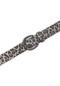 Ceinture en cuir imprimé léopard gris et noir, fabriquée en matériau textile ; elle possède une boucle circulaire en argent et des trous réglables.