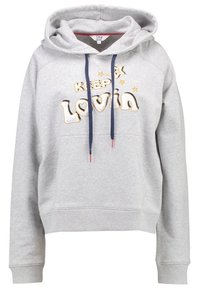 Sudadera gris claro con capucha ajustable, que presenta "KEEP LOVIN'" en texto bordado y colorido, y un bolsillo tipo canguro en la parte frontal.