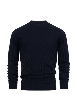 Marineblauw sweater met een gestructureerd visgraatpatroon, ronde hals en geribbelde manchetten en zoom, gemaakt van een zacht breigoed.