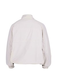 Giacca grigia chiara con colletto alto, polsini elasticizzati e dettagli sul retro. Realizzata in un tessuto liscio con accenti di cucitura sottili.